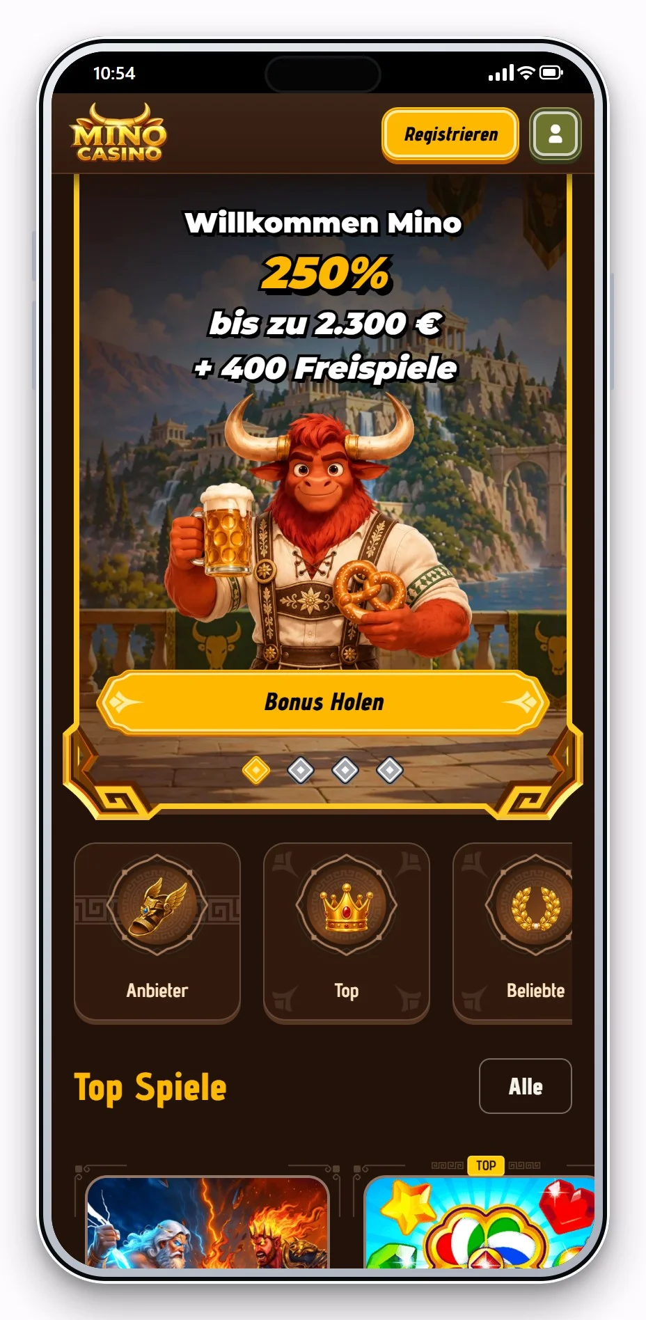Cashlib Casino: Mino Casino mobil, Lobby-Ansicht