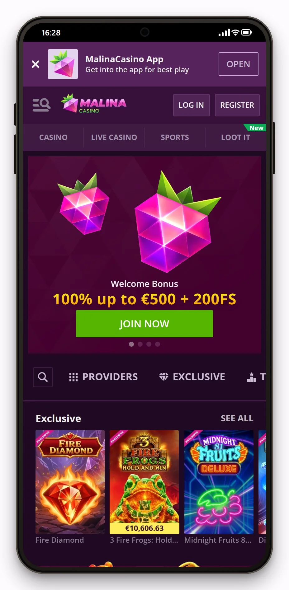 cashlib online casinos: Malina Casino on mobile, lobby