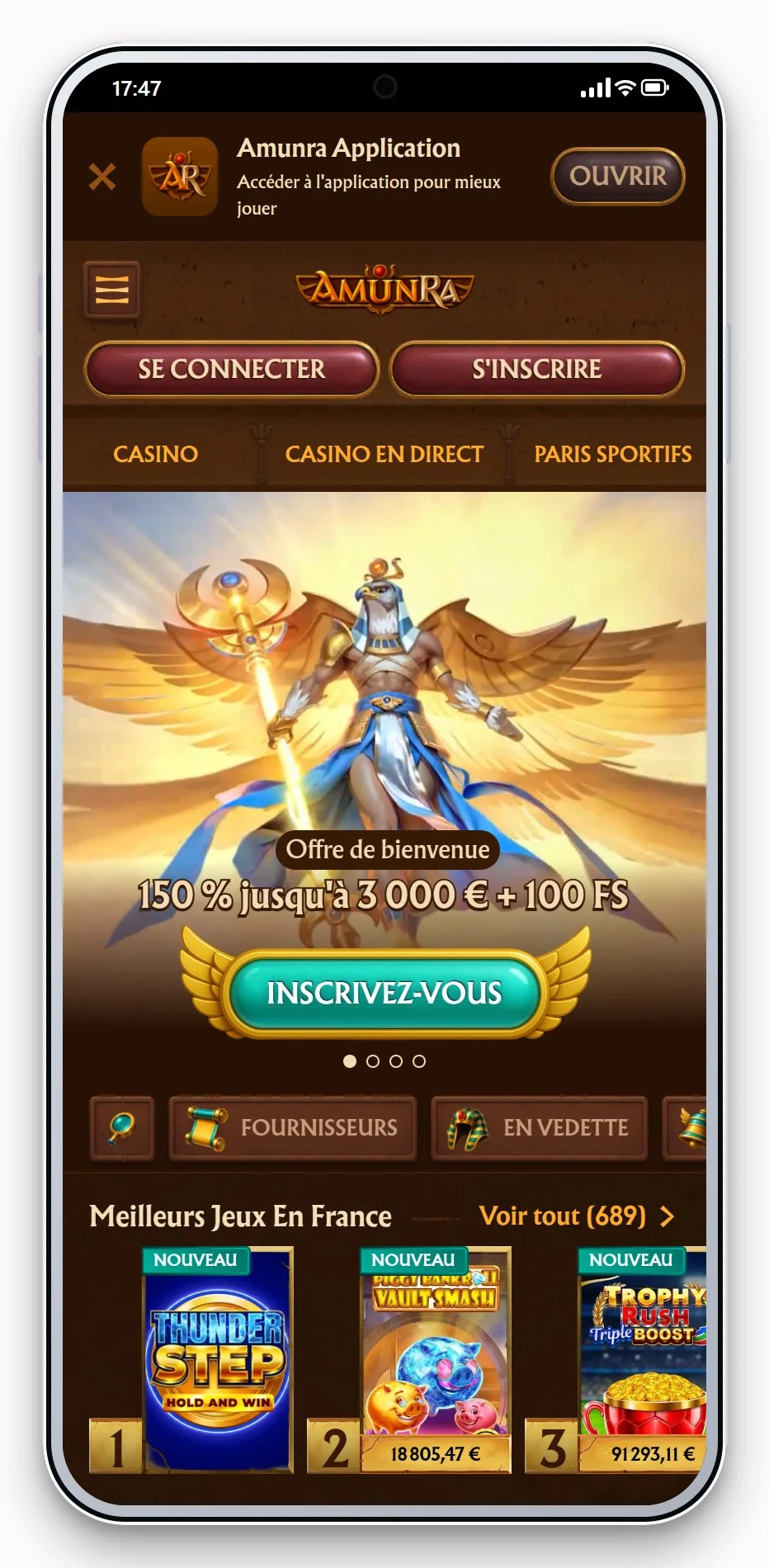 casino avec cashlib : AmunRa en version mobile, lobby
