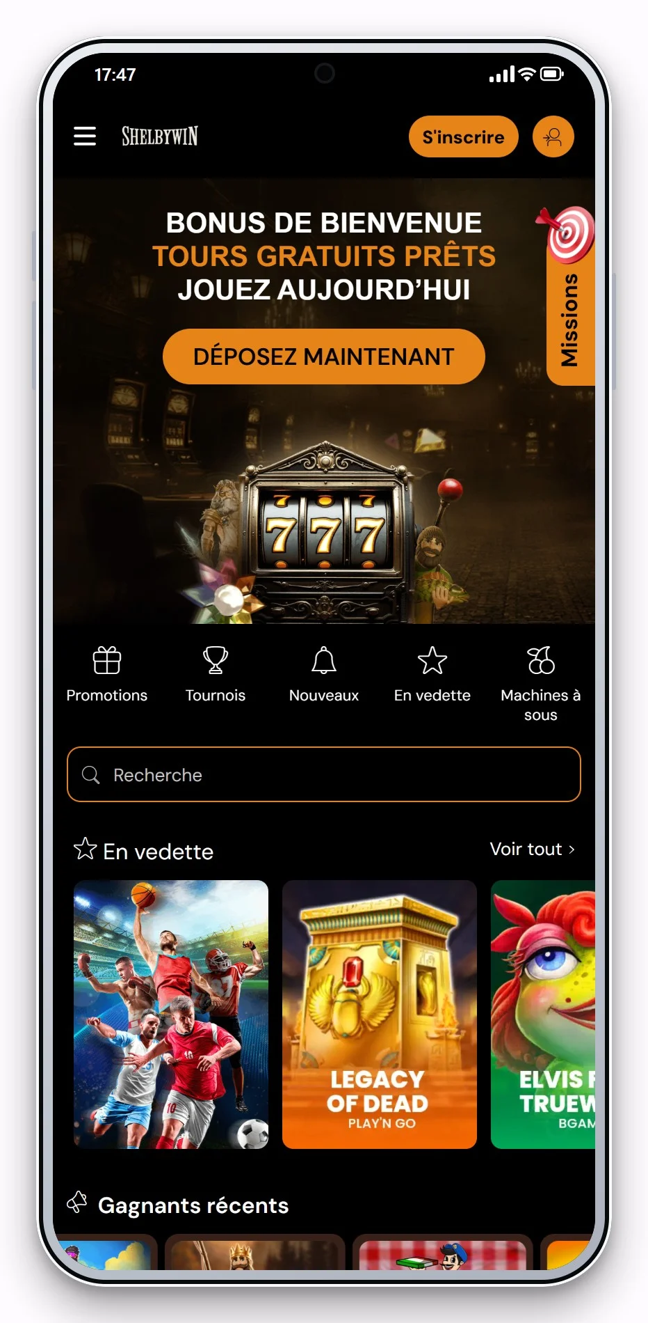 cashlib casino : ShelbyWin sur mobile, page d'accueil